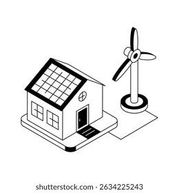 A trendy isometric icon of eco-friendly windmill house