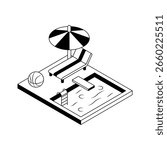 A trendy isometric icon featuring sunny poolside leisure