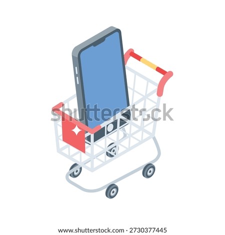 A trendy isometric icon showing mobile ecommerce shopping cart