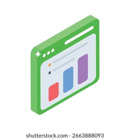 Icono isométrico de moda que muestra gráficos de análisis de Web