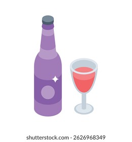 Um ícone isométrico da moda mostrando garrafa de vinho e vidro