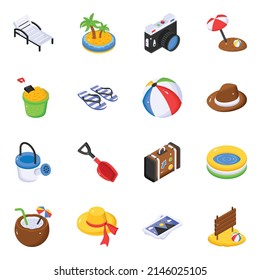 Trendy Isometric Icons of Beach 

