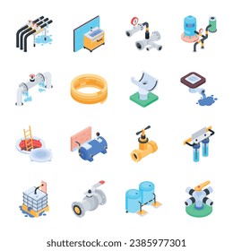 Trendy Isometric Icons of Plumbing Works 

