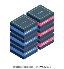 Iconos isométricos de moda de los racks de servidores

