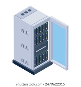 Iconos isométricos de moda de los racks de servidores

