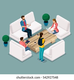 Trendy Isometric Illustration. Creative People, Meeting, Discussing Work At A Table In Co Working Office. Freelancers Isolated. Vector Illustration.