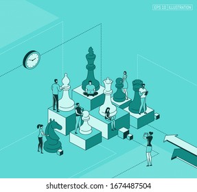 Trendy isometric illustration. People work. Business strategy. Teamwork and competition. Chess game. Chess pieces. Template for your design works. Vector graphics.