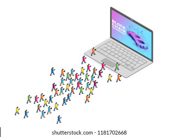Trendy isometric little people. Internet cryptocurrency and blockchain business