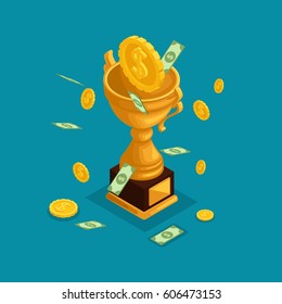 Trendy Isometric Objects, 3d Cup, Award, Money Prize, Money Fall From The Sky, Gold Coins, Cash Dollars, Lots Of Money Is Isolated On A Blue Background.