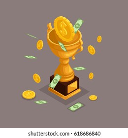 Trendy isometric objects, 3d cup, award, money prize, money fall from the sky, gold coins, cash dollars, lots of money is isolated on a dark background.