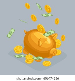 Trendy Isometric Objects, 3d moneybox, bank deposit concept, golden pig, dollars, cash bills, money falling from the sky isolated on a gray background.