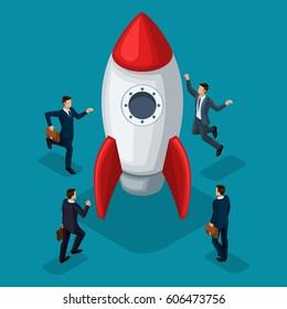 Trendy isometric objects, 3d rocket, businessmen creation of start-up, joy of success, concept with young businessman, new business plan project business people isolated on blue background.