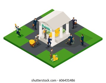Trendy isometric objects, bank with big pile of cash, gold, bills, coins, profit, deposit, business development loan isolated on white background.
