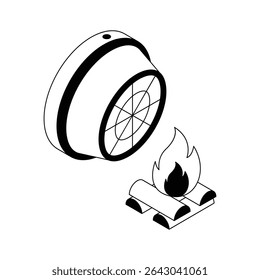 A trendy isometric outline icon of fire detector system