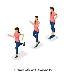 Trendy Isometric people, 3d athlete, young girl, healthy lifestyle, fitness, sport running jogging isolated on light background.