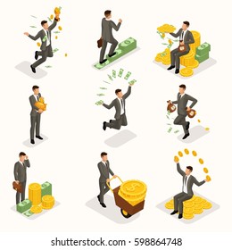 Trendy isometric people, 3d businessman, concept with young businessman, money, success, gold, wealth, joy, work, movement, startup isolated