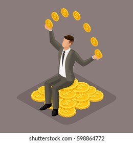 Trendy isometric people, 3d businessman, concept with young entrepreneur, gold, wealth, play on the stock exchange, profit. Businessman is playing with money isolated on a dark background