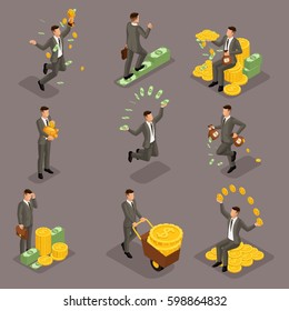 Trendy isometric people, 3d businessman, concept with young businessman, money, success, gold, wealth, joy, work, movement, startup isolated on dark backgroun