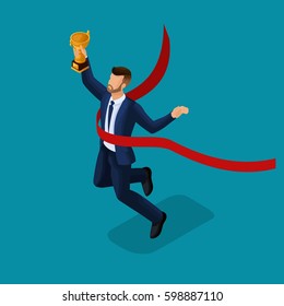 Trendy isometric people, 3d businessman receiving a cup, reaching a goal, young businessman award isolated on a bright blue background.