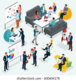 Trendy isometric people, 3d businessman, concept with young people, development of start-up, team of specialists, students, business creation, brainstorming, business concepts isolated.