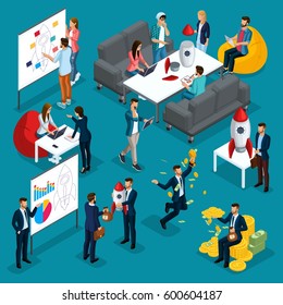 Trendy isometric people, 3d businessman, development start-up, team of professionals, students, business creation, brainstorming, investment, business concept on bright blue background.