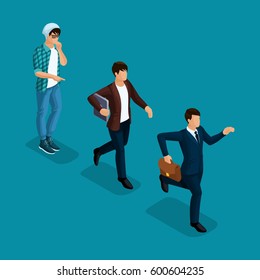 Trendy isometric people, 3d businessman, development start-up, creative freelancer, team of professionals, business creation, career growth, business concept on bright blue background.