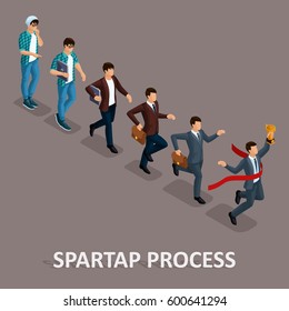 Trendy Isometric people, 3d businessman, development start-up, creative freelancer, start-up process, career growth, business concept on a dark background.