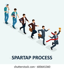 Trendy Isometric people, 3d businessman, development start-up, creative freelancer, start-up process, career growth, business concept on light background.