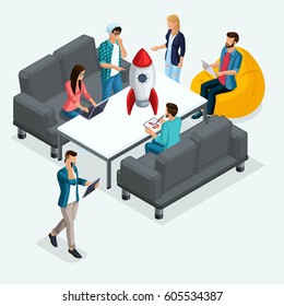 Trendy Isometric people, 3d businessman, development of start-up, creative young people, freelancers, team of professionals, business creation, brainstorming on light.