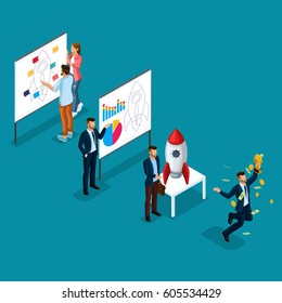 Trendy Isometric people, 3d businessman, development of start-up, path to success, creative young people, team of professionals, business creation, rocket on bright blue.