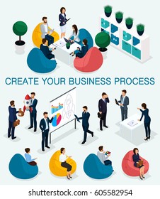 Trendy isometric people, 3d businessman, concept with young people, young team of professionals, business creation, brainstorming, soft armchairs, business concept on light.