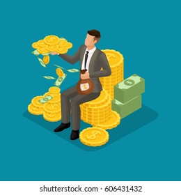 Trendy Isometric people, 3d businessman, concept with young businessman, money, profit, gold, saving money, investing money, management isolated on bright blue.