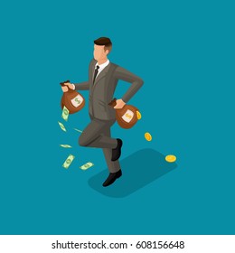 Trendy isometric people, 3d businessman, concept with young businessman, money, gold, running, losing money, pursuit, wealthy businessman isolated on bright blue.