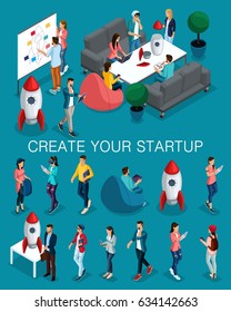 Trendy isometric people, 3d businessman, concept with young people, young team of specialists, creating startup, brainstorming strategy development on bright blue.