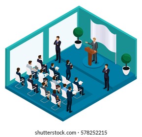 Trendy Isometric people 3D businessmen, people elections, President's speech, Washington's Birthday, meeting with press, vote on performance trebune, gym, flag.