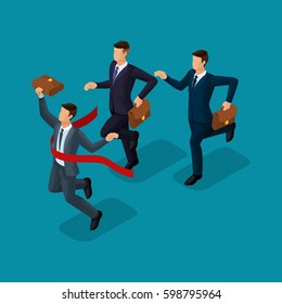 Trendy isometric people, 3d businessmen, running, competition, being first, getting a prize, young entrepreneurs with a briefcase isolated on a blue background