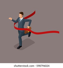 Trendy Isometric people, 3d businessmen, Movement running, competition, being first, success, young businessman, victory isolated on dark background