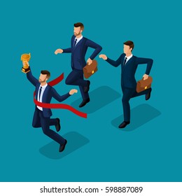 Trendy isometric people, 3d businessmen running, success, getting cup, reaching goal, young businessman isolated on bright blue background.