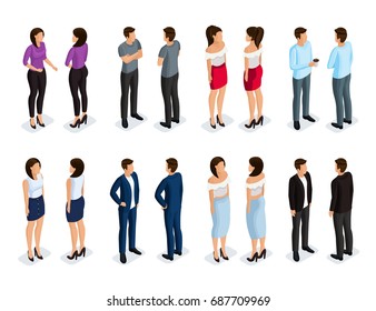 
Trendy Isometric people 3d man and woman front view back view. Male and female characters in different poses. Elegant and fashionable people. Vector illustration.