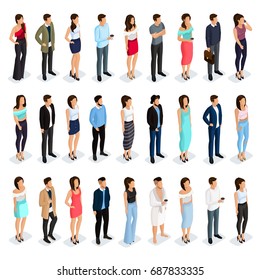 Trendy Isometric people 3D man and woman. Male and female characters in different poses. Elegant and fashionable people. Vector illustration.