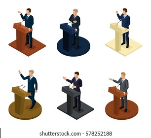 Trendy Isometric people 3D presidents, President's speech, Washington's Birthday, meeting with press, speech at trebune, gestures, microphones, people in costumes isolated.