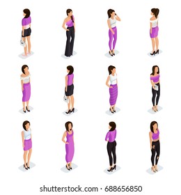 Trendy Isometric people 3D woman. Female characters in different poses. Elegant and fashionable people. Vector illustration.