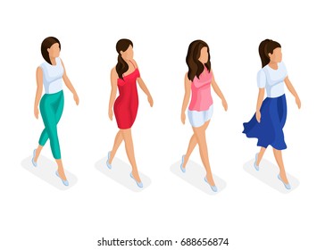 Trendy Isometric people 3D woman. Female characters in different poses. Elegant and fashionable people. Vector illustration.