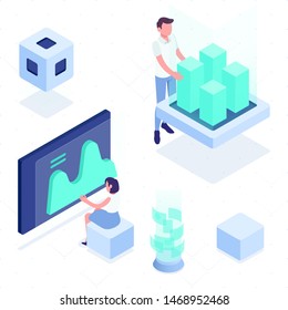 Trendy Isometric people and gadgets, 3D people, teenager, students, large group of people, using hi tech technology, pad, laptop, virtual glasses isolated.
