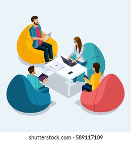 Trendy Isometric People And Gadgets, 3D Teenagers, Small Group Of People Using Hi Tech Technology, Freelancers, Working, Chatting, Online Rewritten White Isolated.