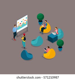 Trendy Isometric people and gadgets coworking center, training and discussion freelancers krasla soft pear, working environment communicate are isolated on a dark background.