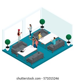 Trendy Isometric people and gadgets, room coworking center, office work and discussions, stylish interior, working environment freelancers, artists, programmers are isolated/