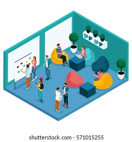 Trendy Isometric people and gadgets, room coworking center, room for relaxation and discussion, soft krasla pear, working environment freelancers communicate, artists, programmers are isolated.