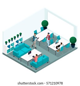 Trendy Isometric people and gadgets, room coworking center, office work, hi tech technology, laptop, pad, freelancers, artists, programmers are isolated.