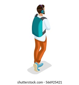 Trendy Isometric people and gadgets, a teenager, a young man Rear view of a student, hi tech technologies, headphones, listening to music isolated.